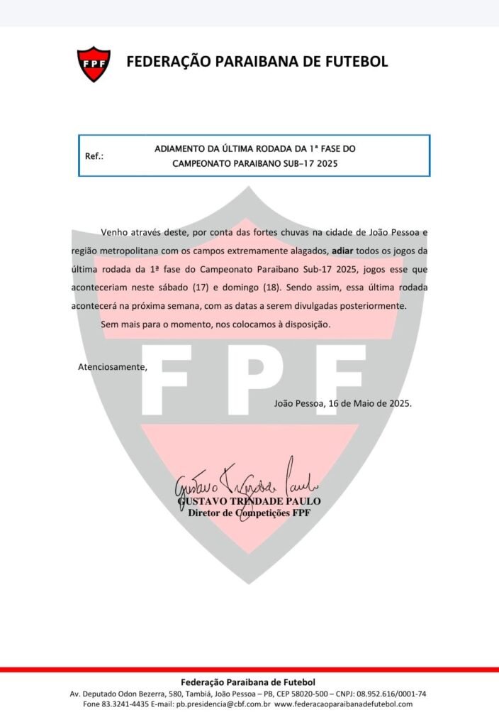 Fpf Adia última Rodada Do Campeonato Paraibano Sub 17 Devido As Fortes Chuvas No Estado